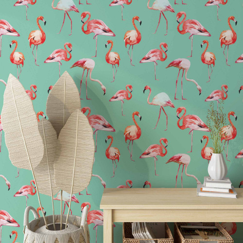 Papel de Parede Flamingo Fundo Turquesa