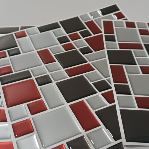 Placa de Pastilha Adesiva Resinada Mosaico Vermelho, chumbo e prata - 28,5cm x 31cm - PRONTA ENTREGA