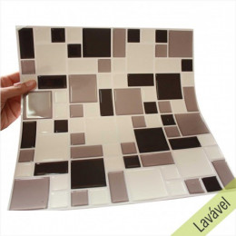 Placa de Pastilha Adesiva Resinada Mosaico Cinza, Preto e Branco - 28,5cm x 31cm